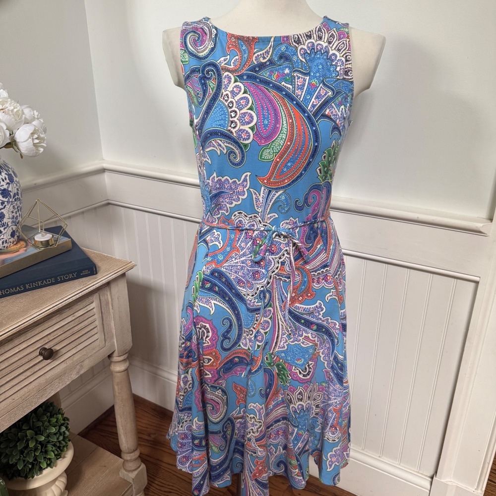 Lauren Ralph Lauren Blue Paisley Sleeveless Cotton Modal Fit Flare Dress S